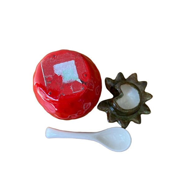 Strawberry Ceramic Jam Jar Sugar Bowl Spoon  Hand Painted - Picture 7 of 8